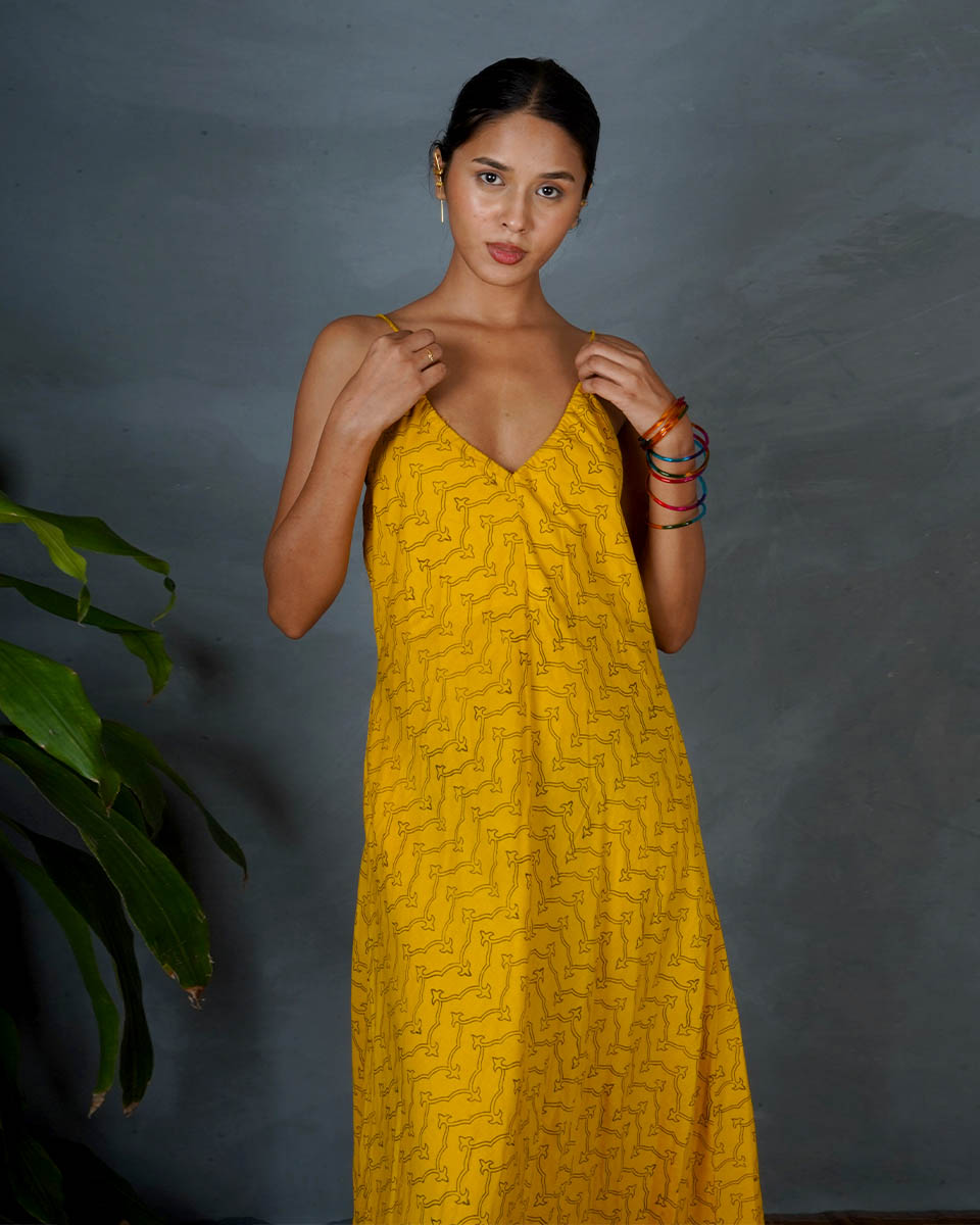Amaira Yellow Hand Block Printed Dress-MYA