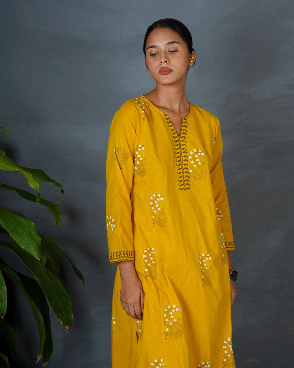 Kyra Yellow Hand Block Printed Kurta -MYA