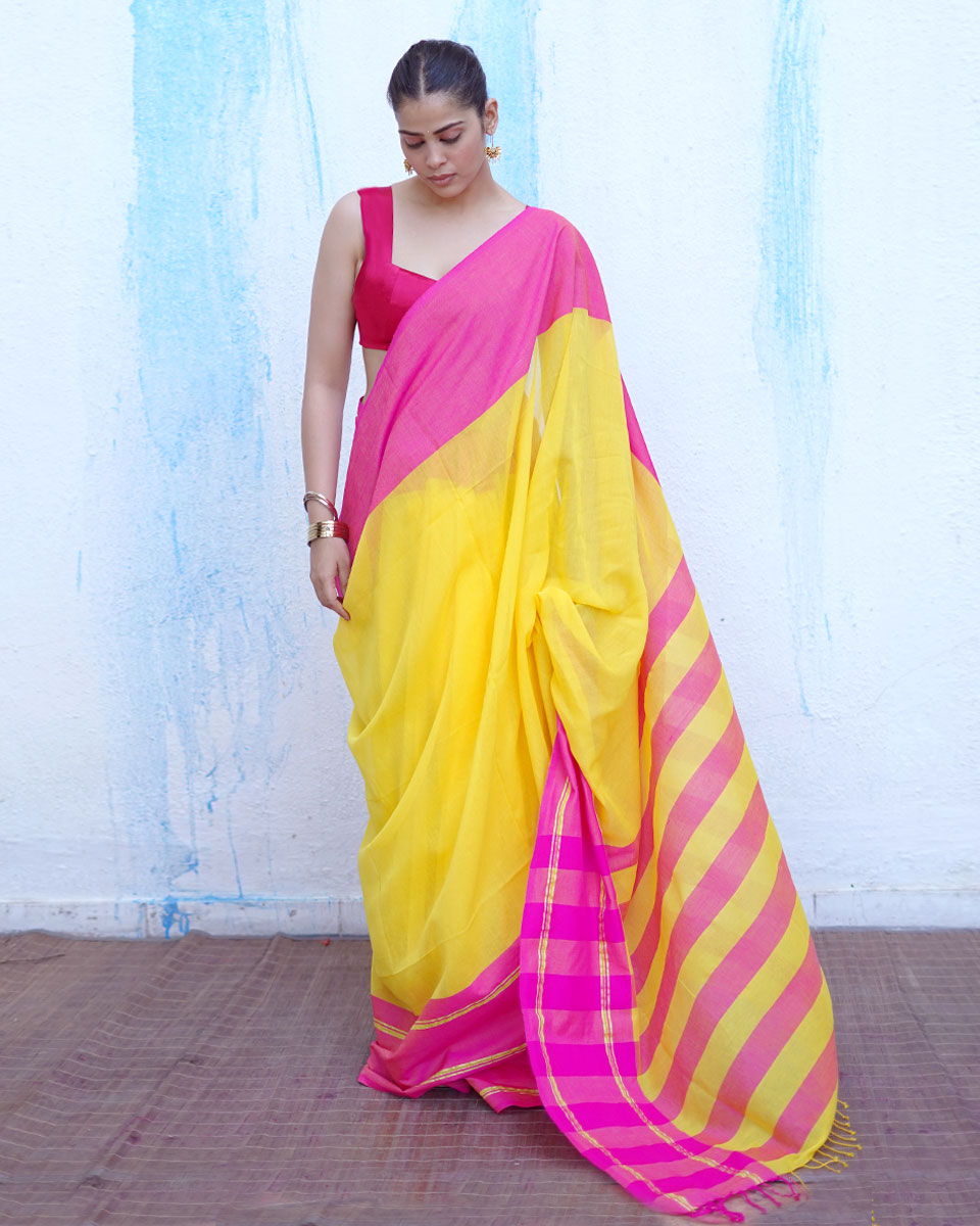 Athena Yellow With Pink Handwoven Cotton Saree - NTC