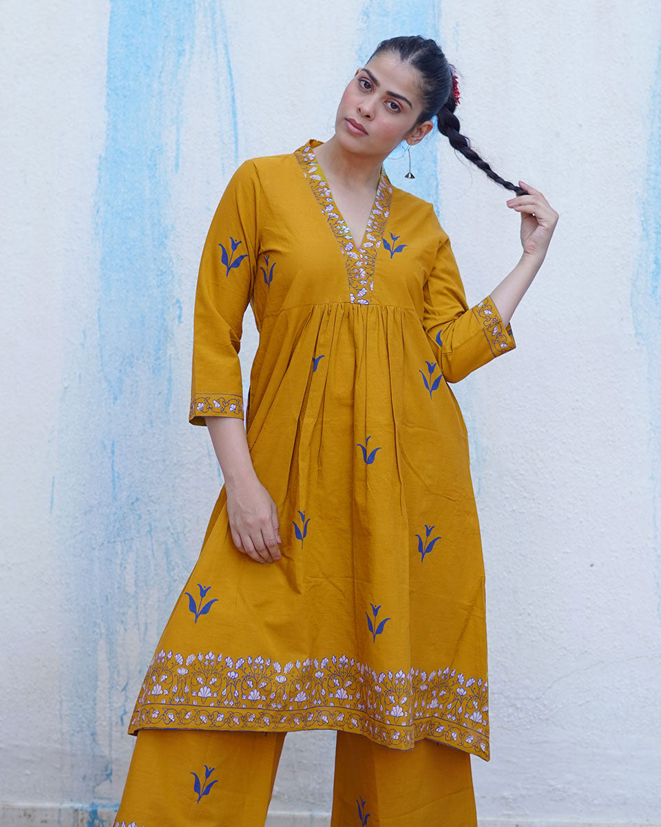 Rangeeli Mustard Yellow Handblock Print Cotton Kurta Set - BFG
