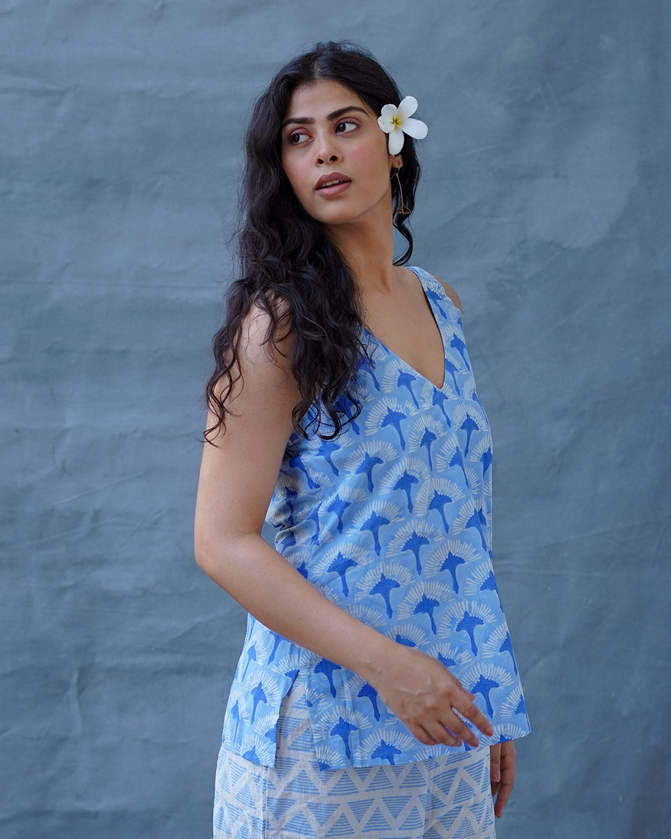 Varsha Ivory Blue Hand Block Printed Top-BAD