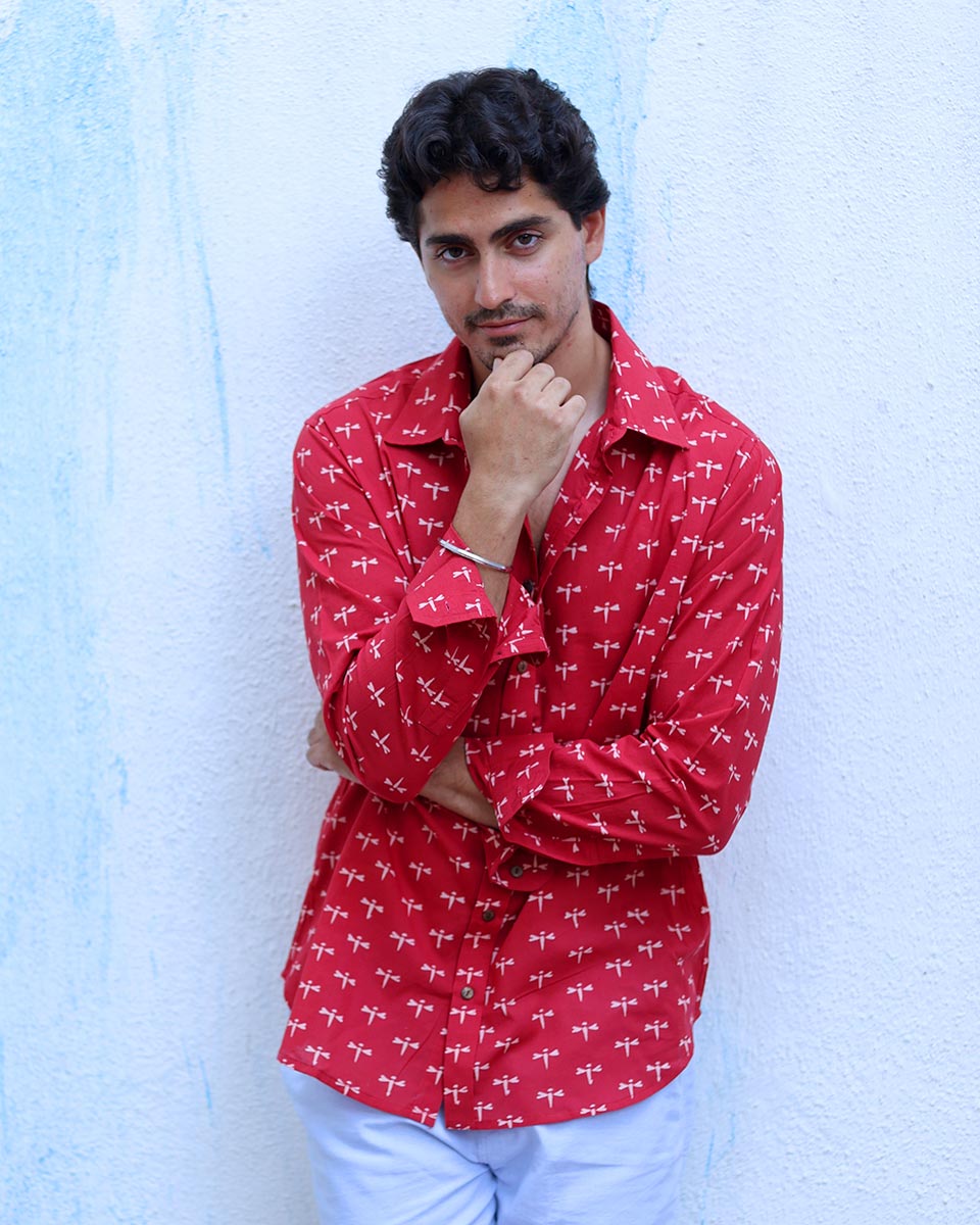 Shadan Red Hand Block Print Cotton Shirt -TOF