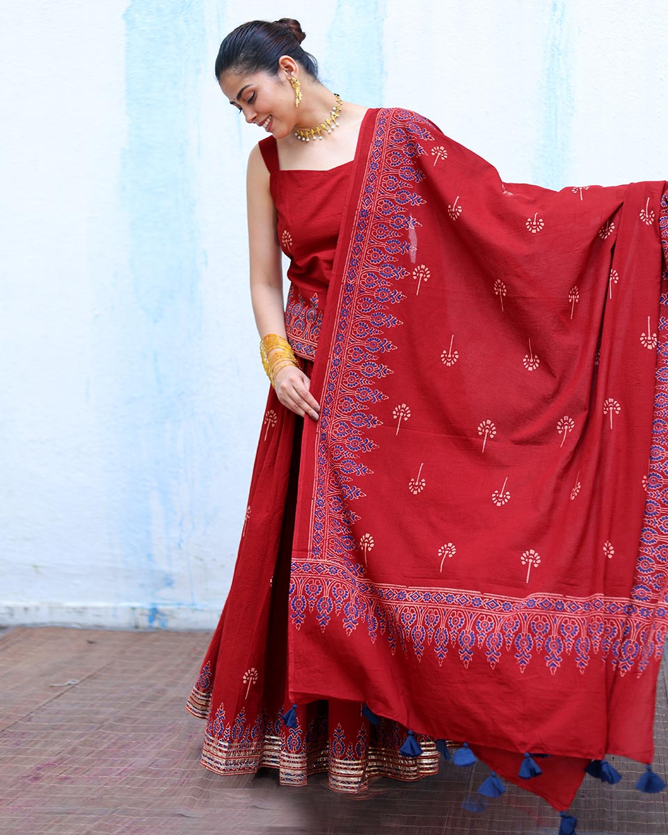 Chiraagh Red Handblock Print Cotton Dupatta - RSH