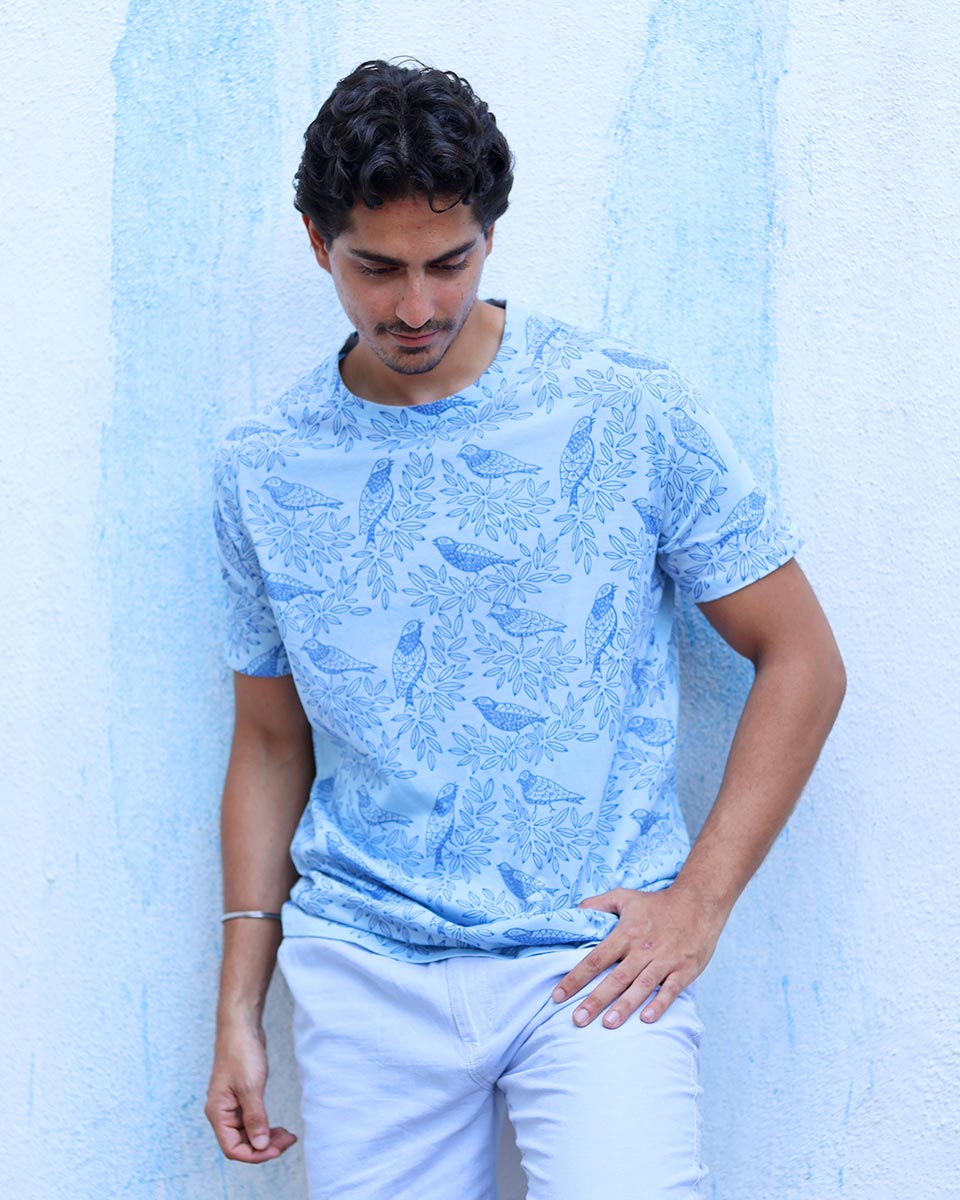Anhad Sky Blue Hand Block Print Cotton T- Shirt - TOF