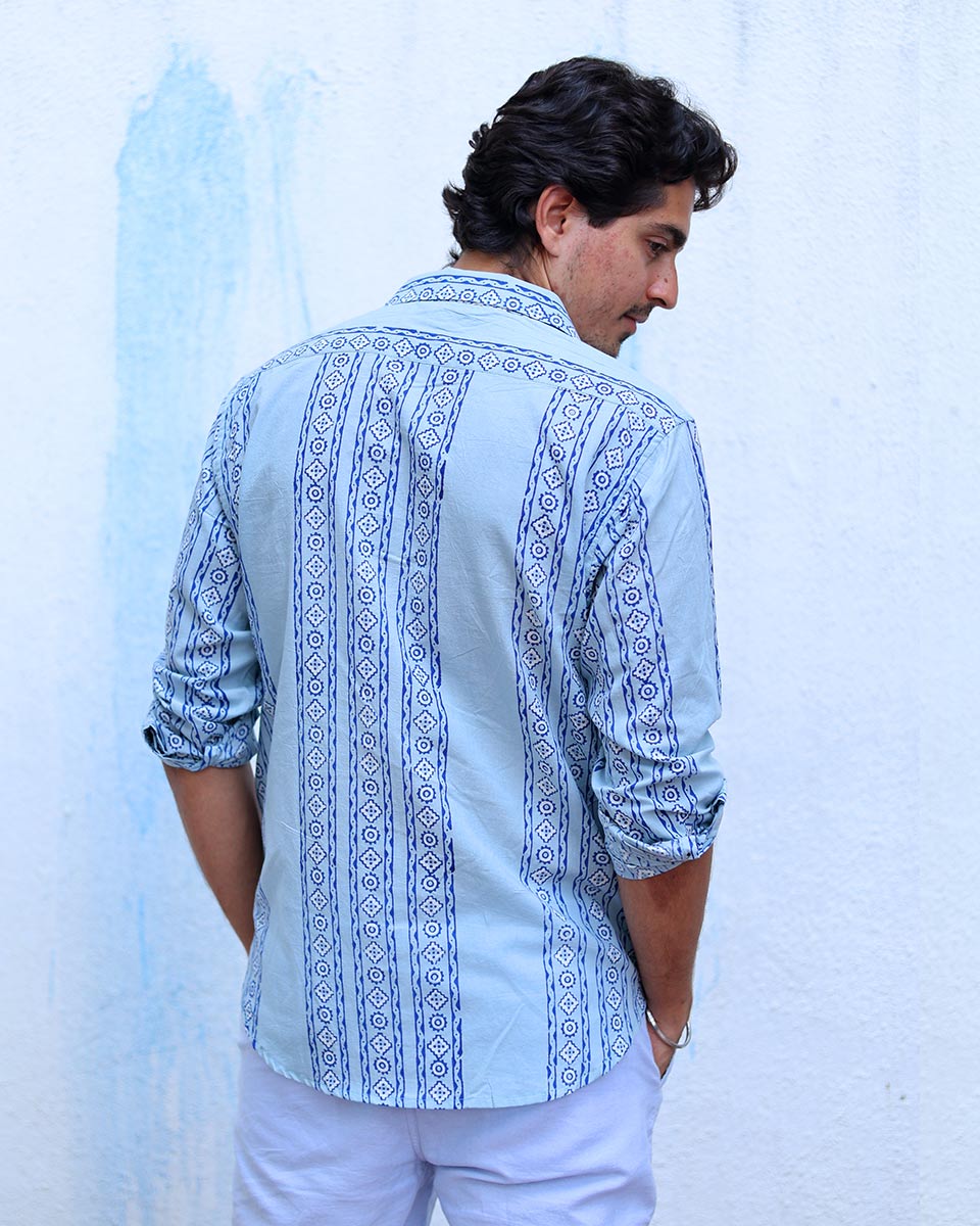 Viraj Blue Hand Block Print Cotton Shirt -TOF