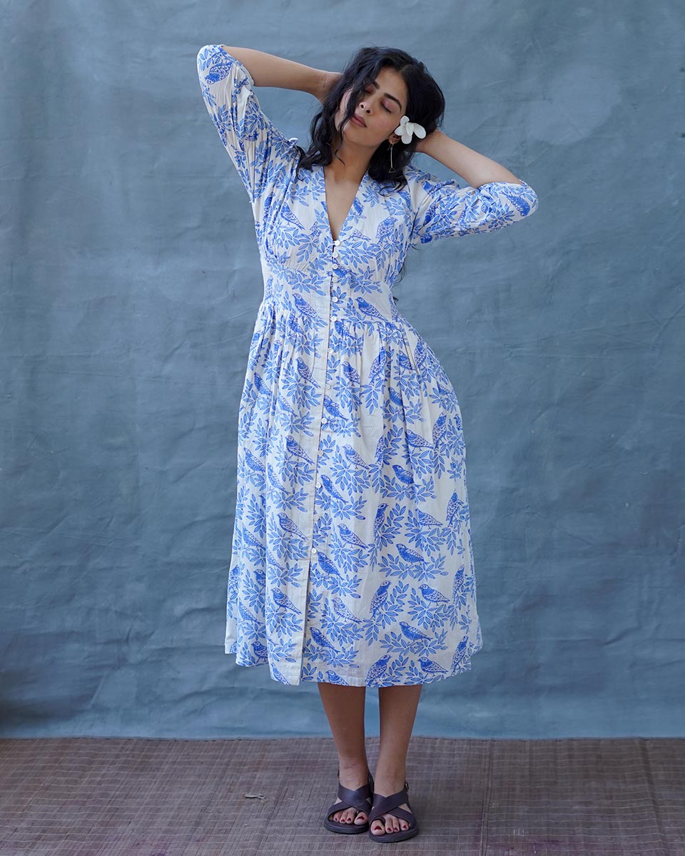 Neyra Ivory Blue Hand Block Printed Dress-BAD
