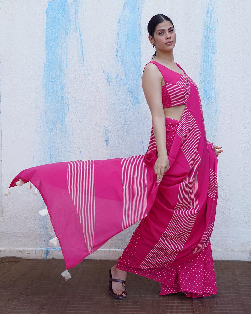 Koyal Pink Handblock Print Cotton Saree - BFG