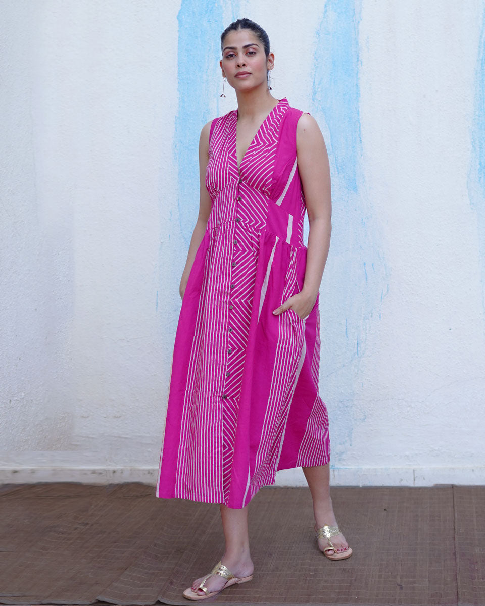 Chulbuli Pink Handblock Print Cotton Dress - BFG