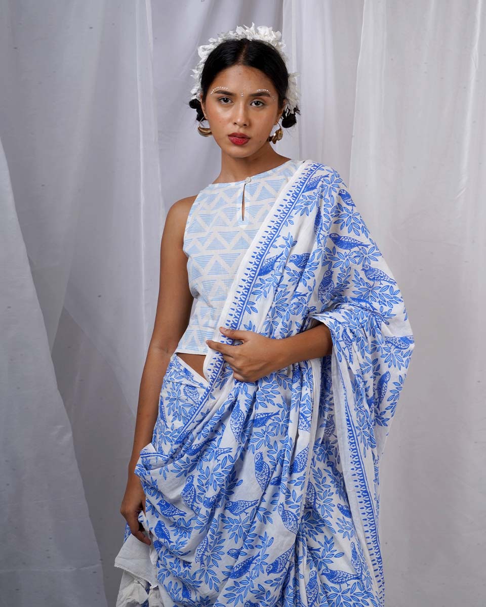 Rimi Ivory Hand Block Printed Saree-BAD