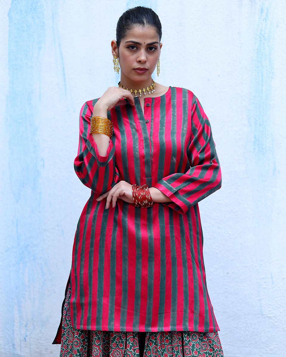 Kaumudi Red Handblock Print Mashru Silk Kurta - RSH