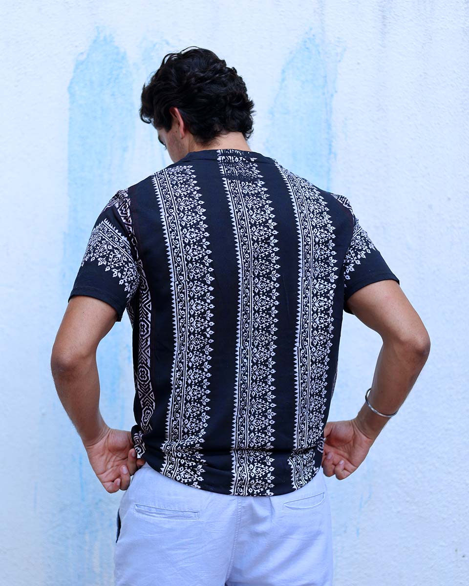 Qaafir Black Hand Block Print Cotton T- Shirt - TOF
