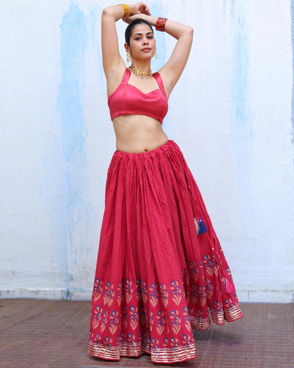 Chamak Pink Handblock Print Cotton Ghagra - RSH