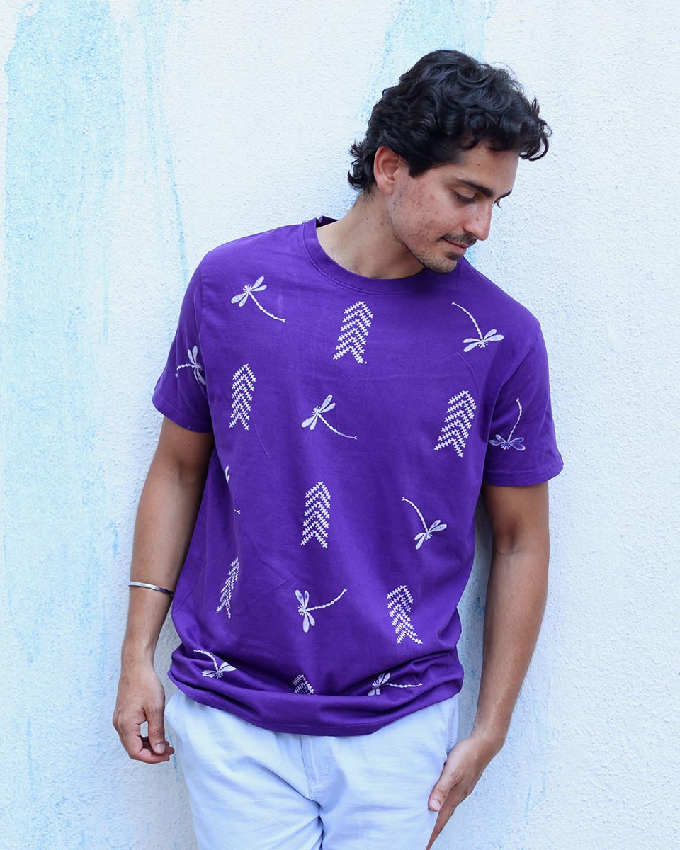 Jheel Purple Hand Block Print Cotton T- Shirt -TOF