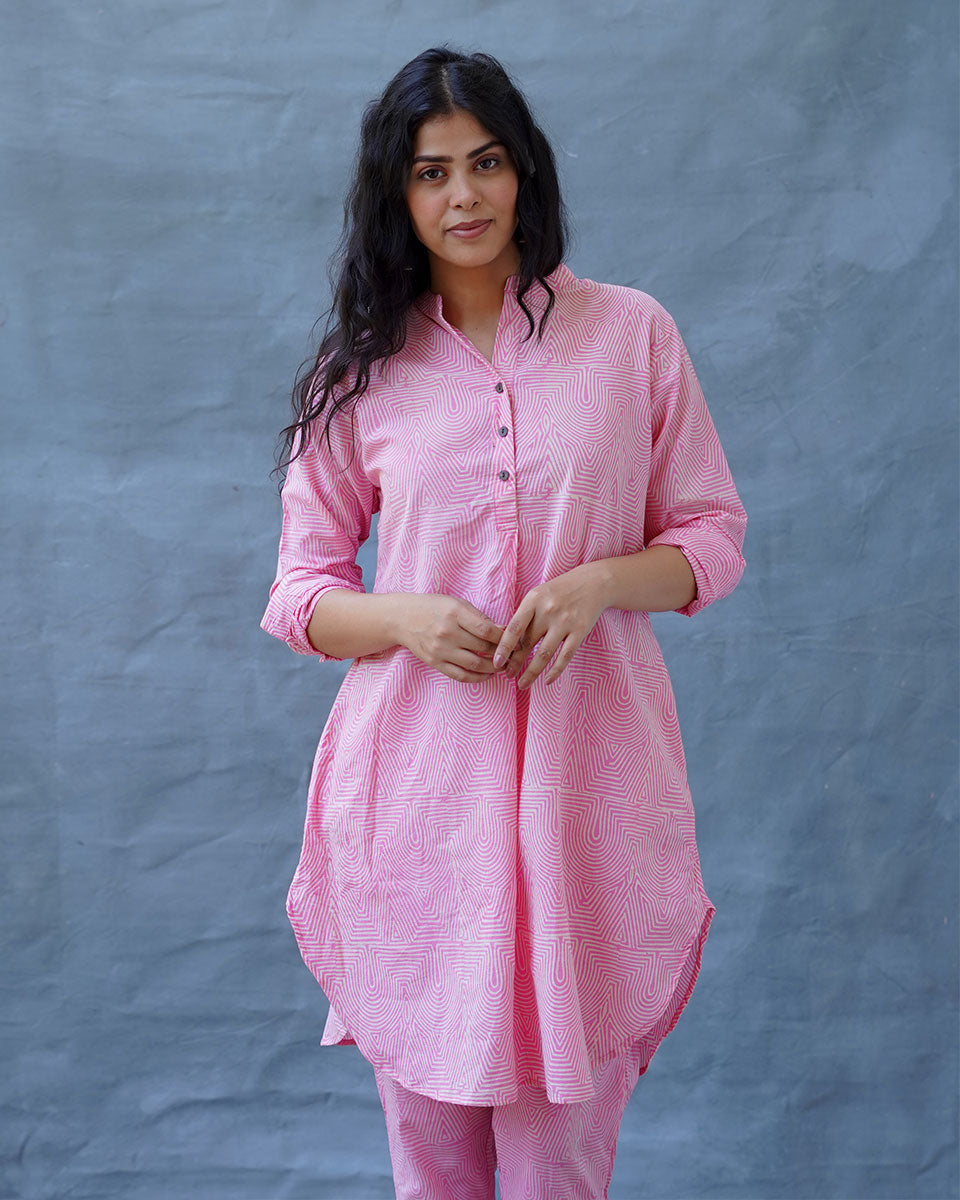 Radiant Roses Blush Pink Block Printed Kurta Set - MMG