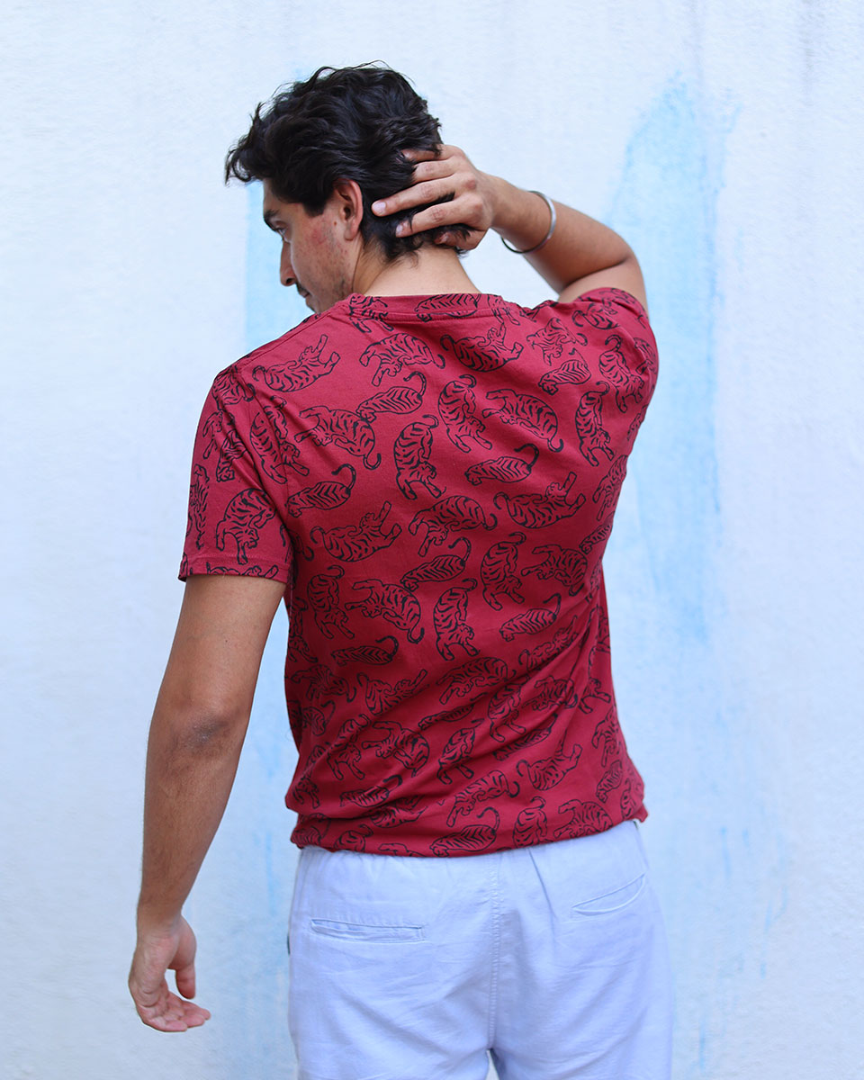 Aashiq Maroon Hand Block Print Cotton T- Shirt - TOF