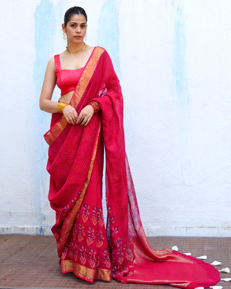Mehr Pink Handblock Print Linen Saree - RSH