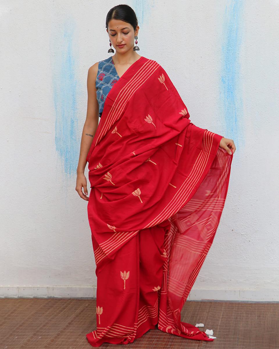 Crimson Handblockprinted Cotton Saree - Fmtm