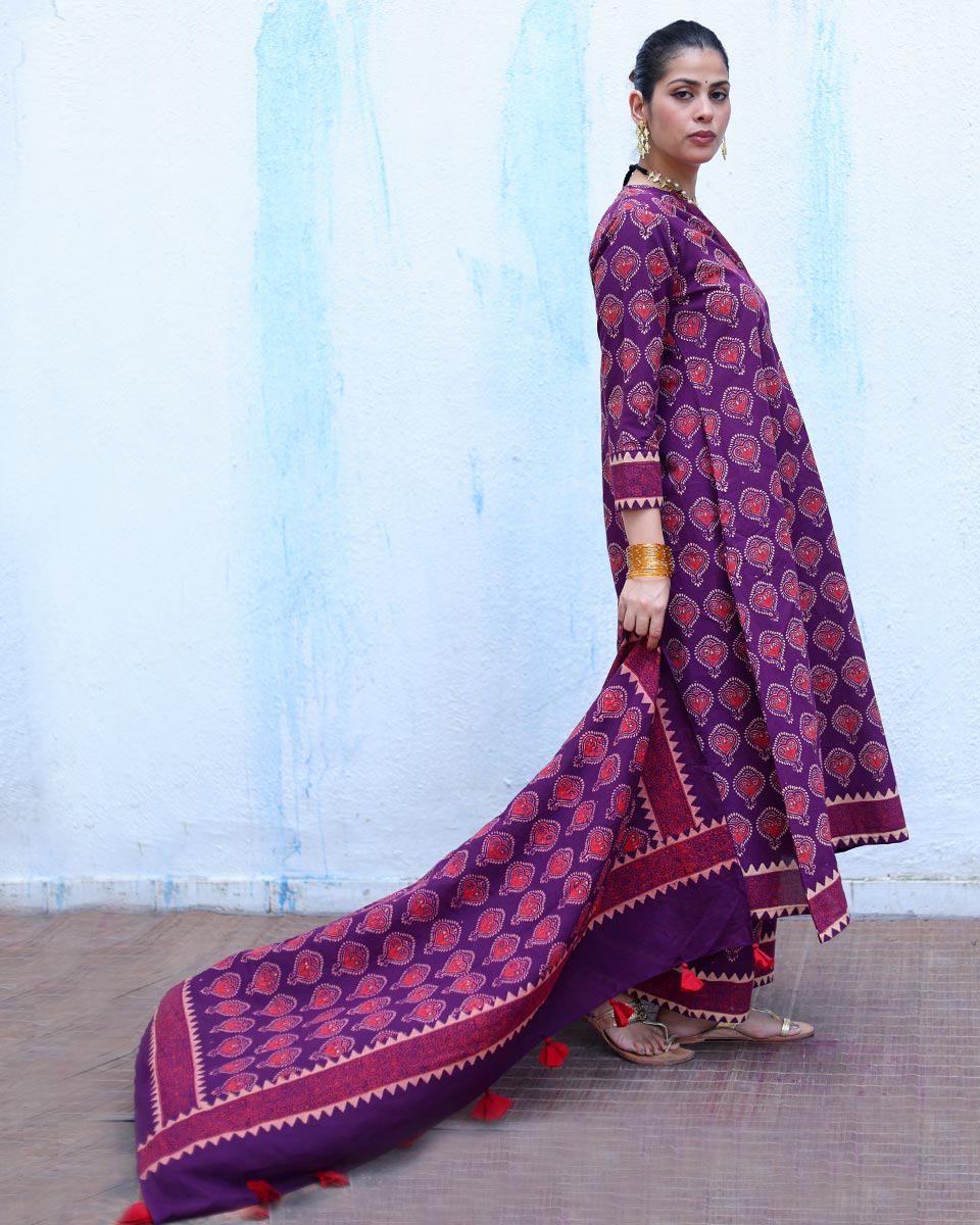 Ujwala Purple Handblock Print Cotton Dupatta - RSH