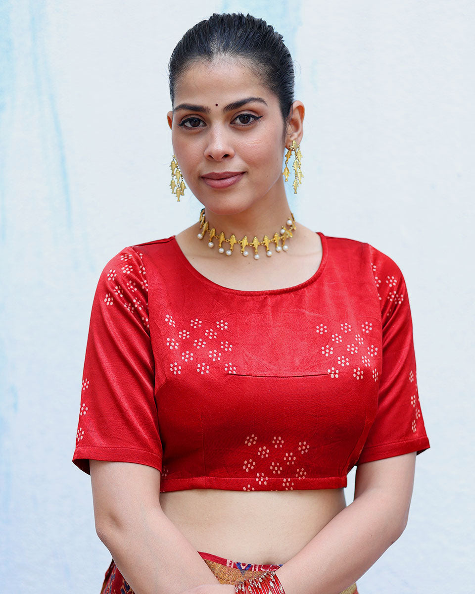 Aalo Red Handblock Print Mashru Silk Blouse - RSH