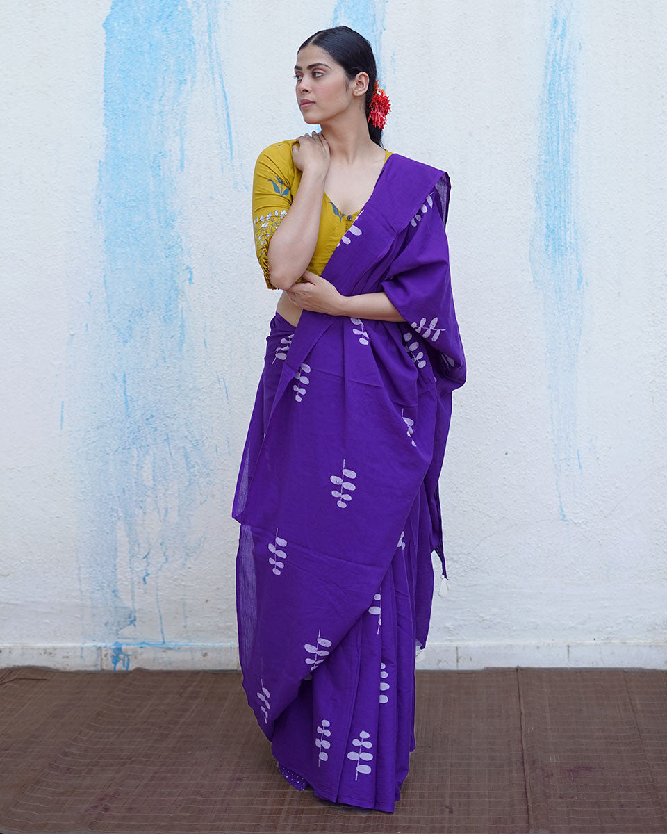 Kuhu Purple Handblock Print Cotton Saree - BFG