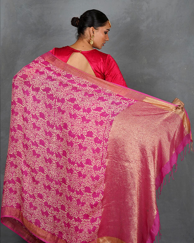 Fiza Pink Handblock Linen Saree - TARA