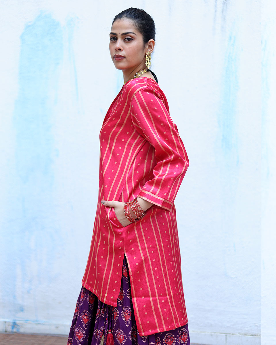Kiran Pink Handblock Print Mashru Silk Kurta - RSH