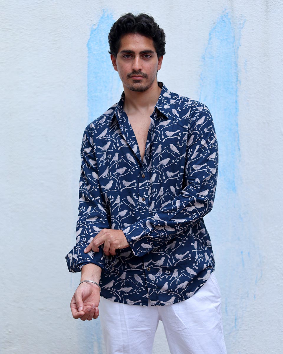 Swaraj Blue Hand Block Print Cotton Shirt - TOF