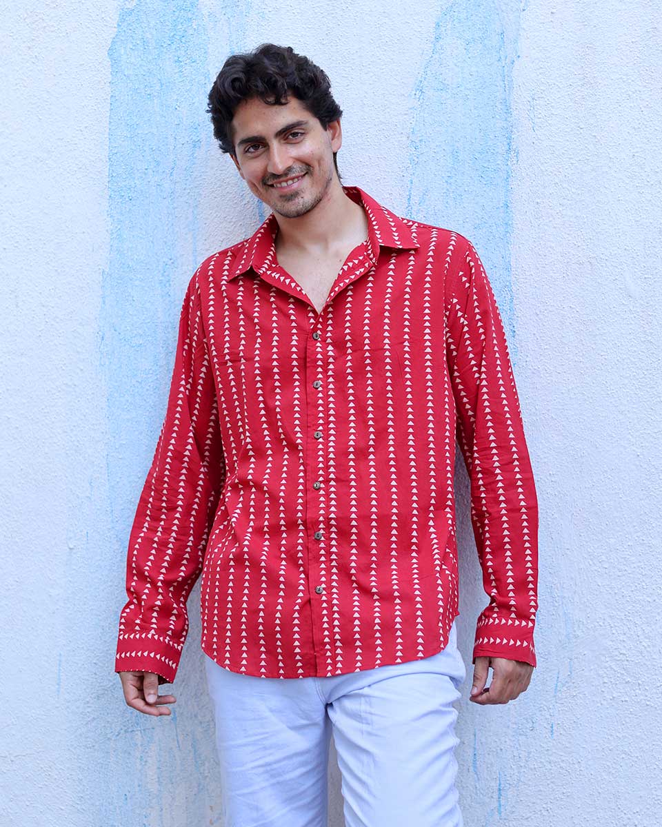 Raahi Red Hand Block Print Cotton Shirt -TOF