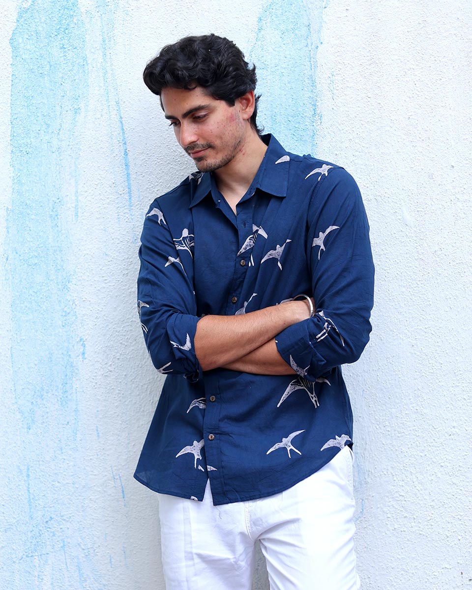 Gulbar Blue Hand Block Print Cotton Shirt - TOF
