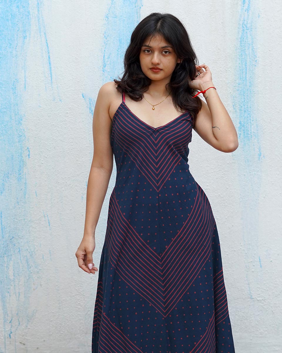 Wolf Moon Blue Handblock Print Cotton Dress - MNCH