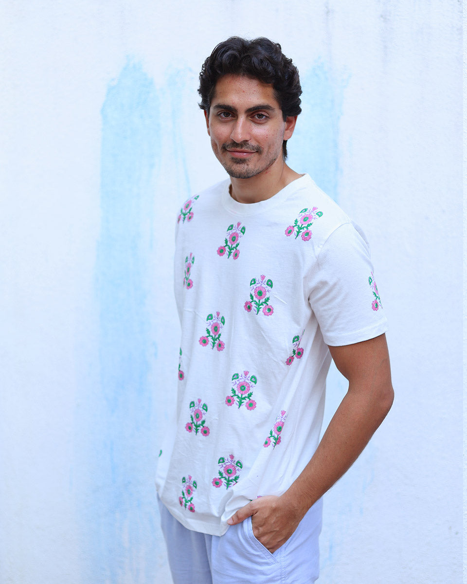 Aarzoo White Hand Block Print Cotton T- Shirt - TOF