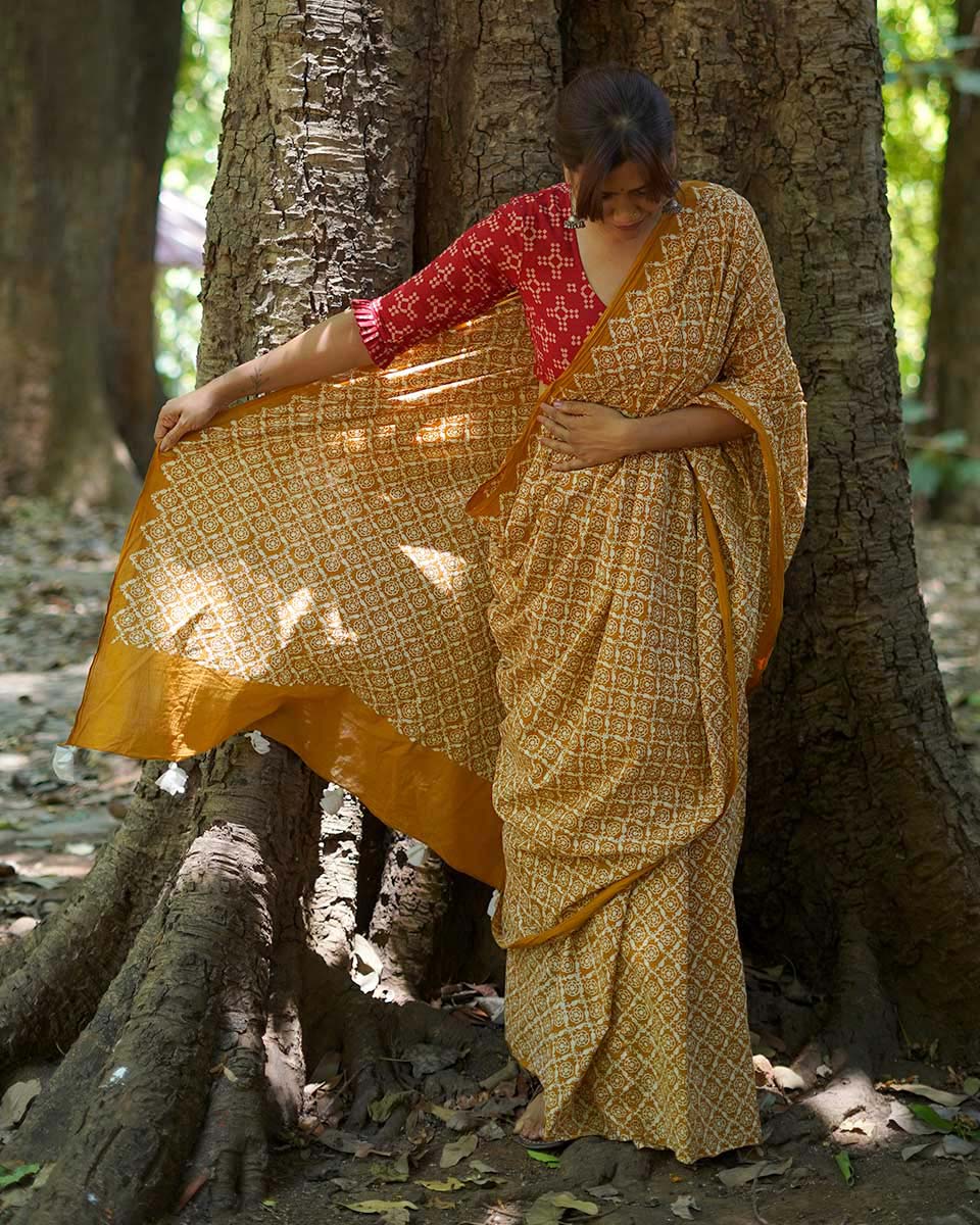 Under Open Skies Mustard Hand Block Printed Cotton Saree - UMT