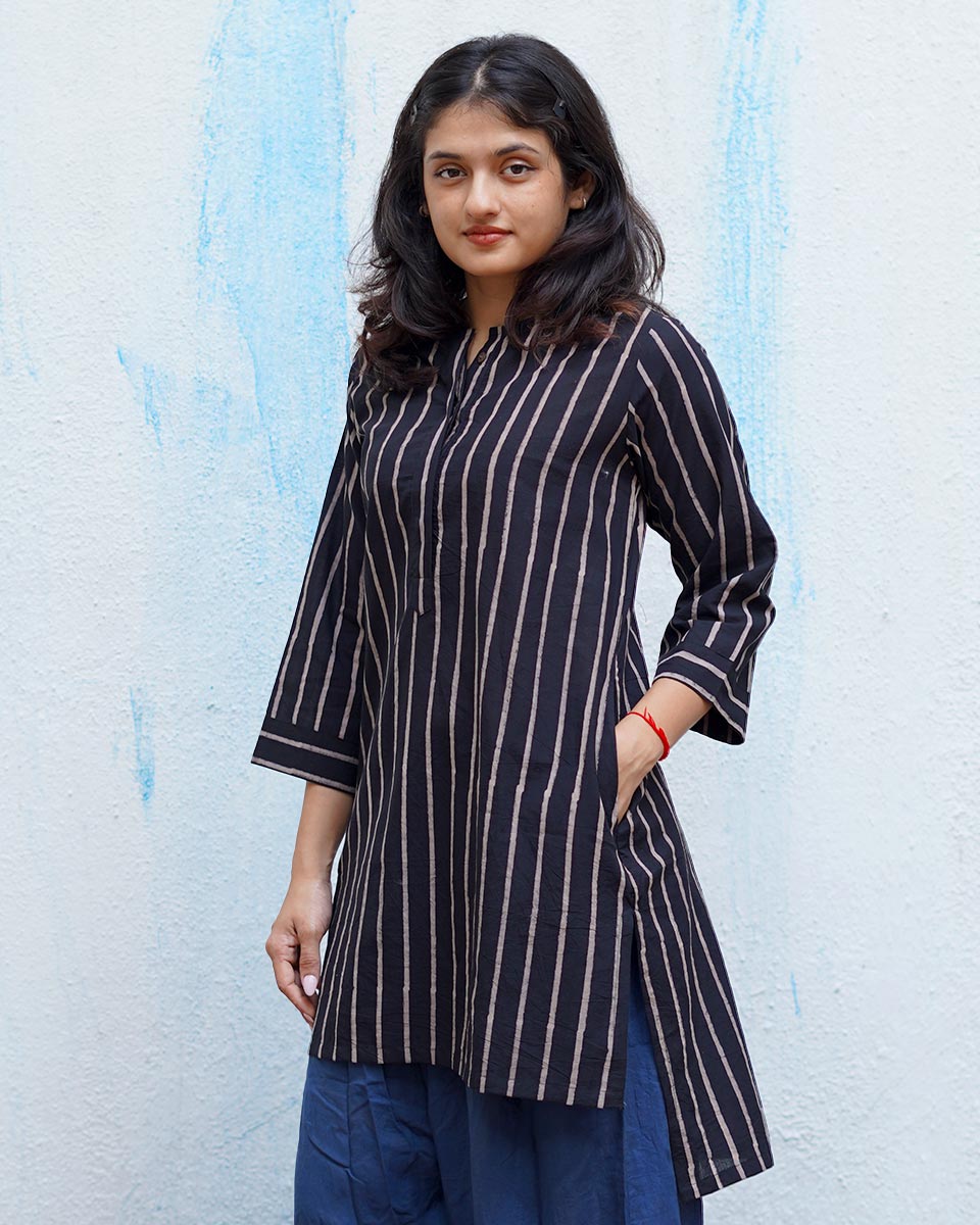 Flower Moon Black Handblock Print Cotton Kurta - MNCH