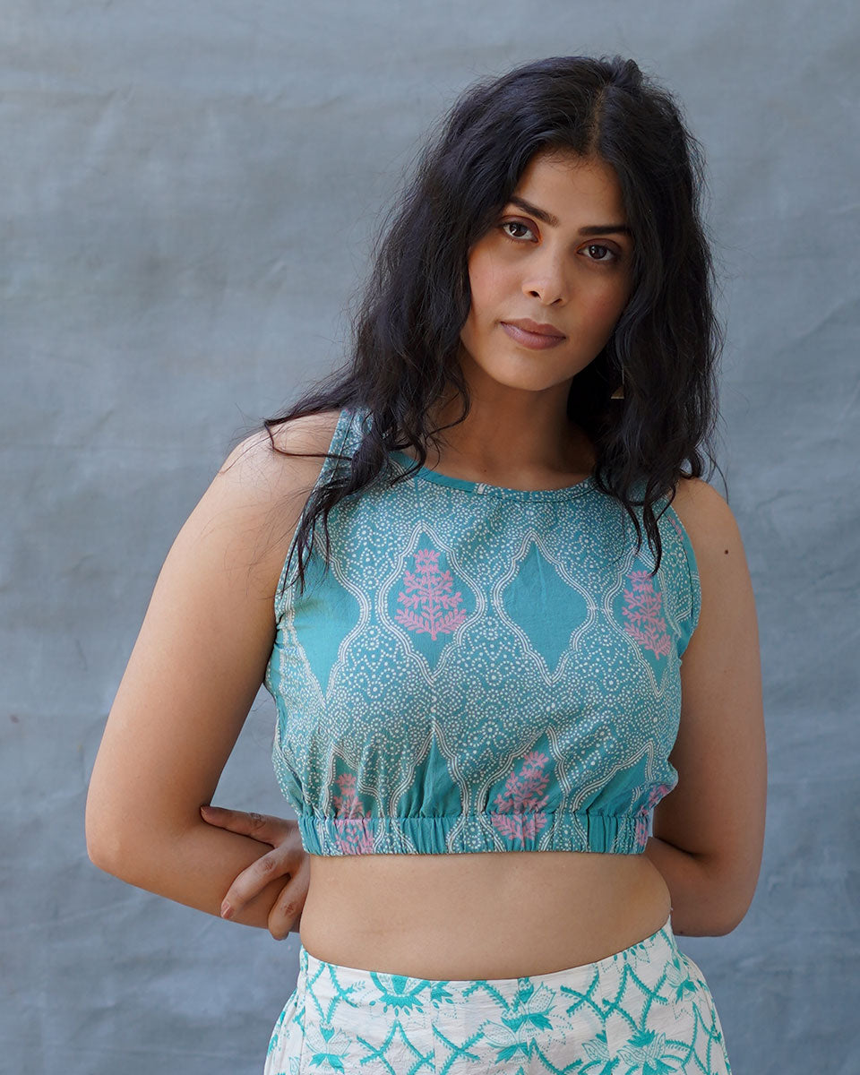 Dewy Daffodils Teal Green Block Printed Blouse - MMG