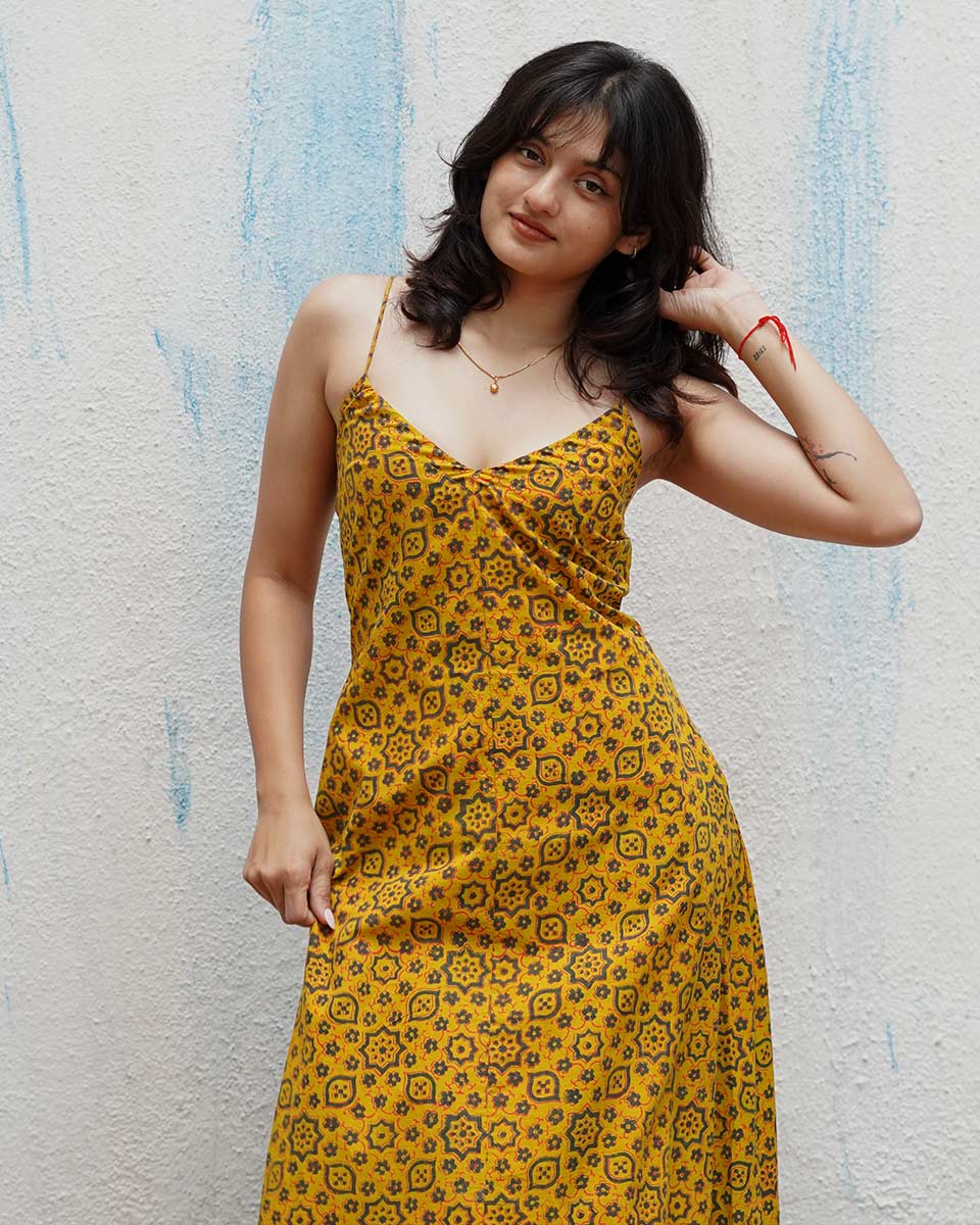 Worm Moon Yellow Handblock Print Cotton Dress - MNCH