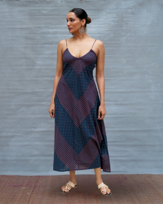 Wolf Moon Blue Handblock Print Cotton Dress - MNCH