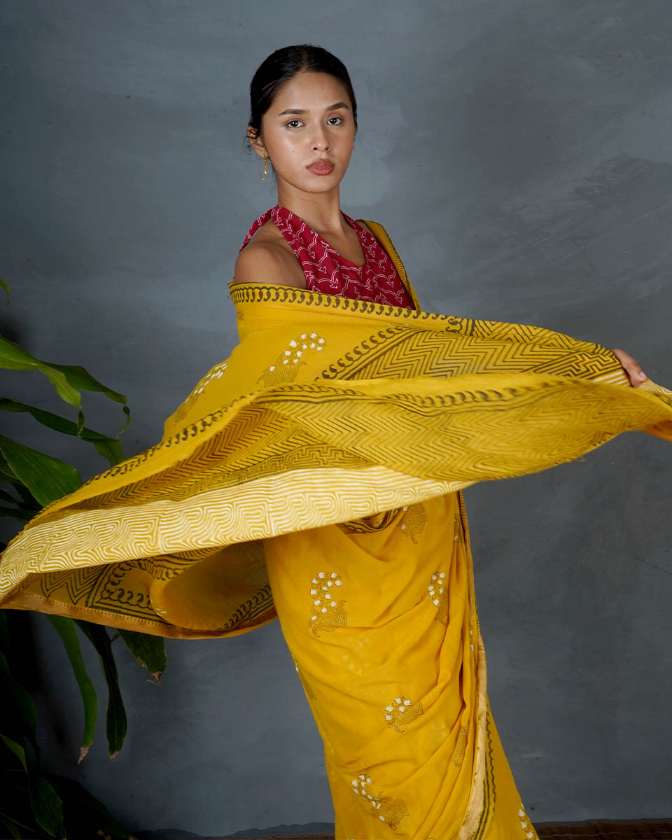 Mriga Yellow Hand Block Printed Saree-MYA