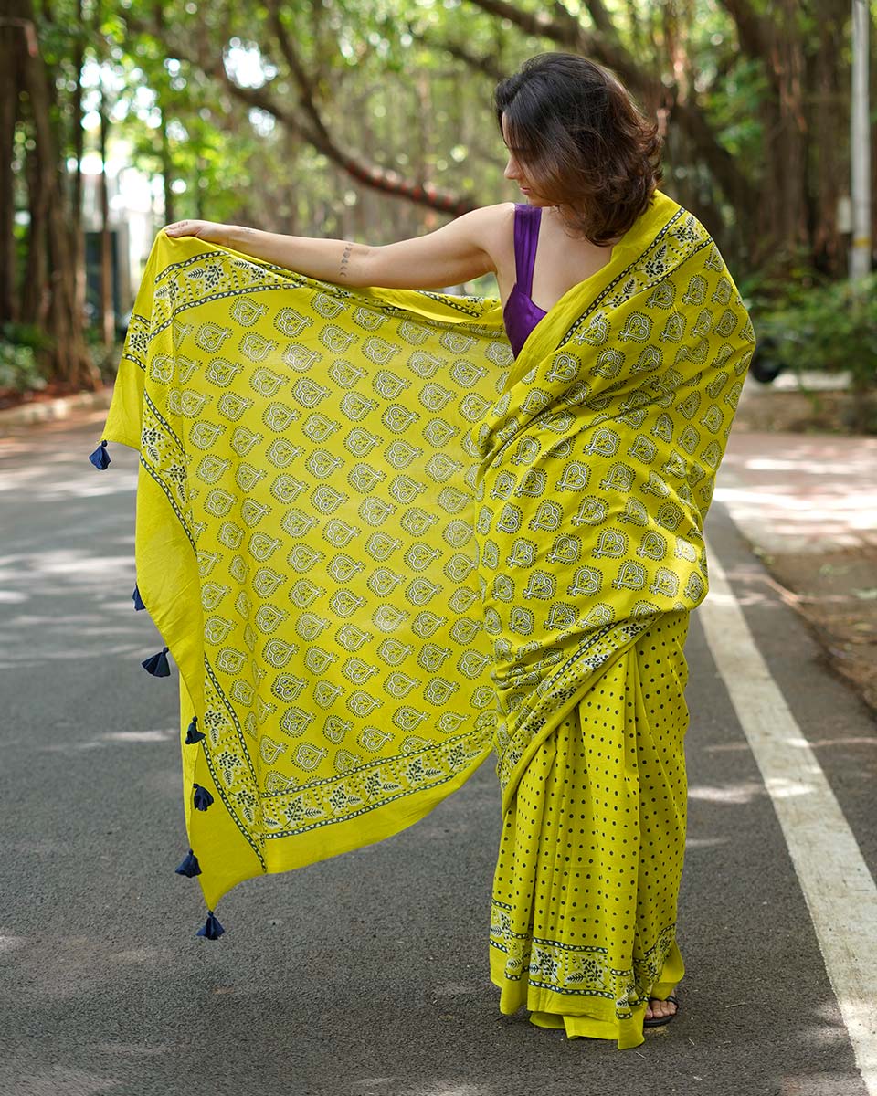 Kaccha Aam Toffee Yellow Handblock Print Cotton Saree - PBC