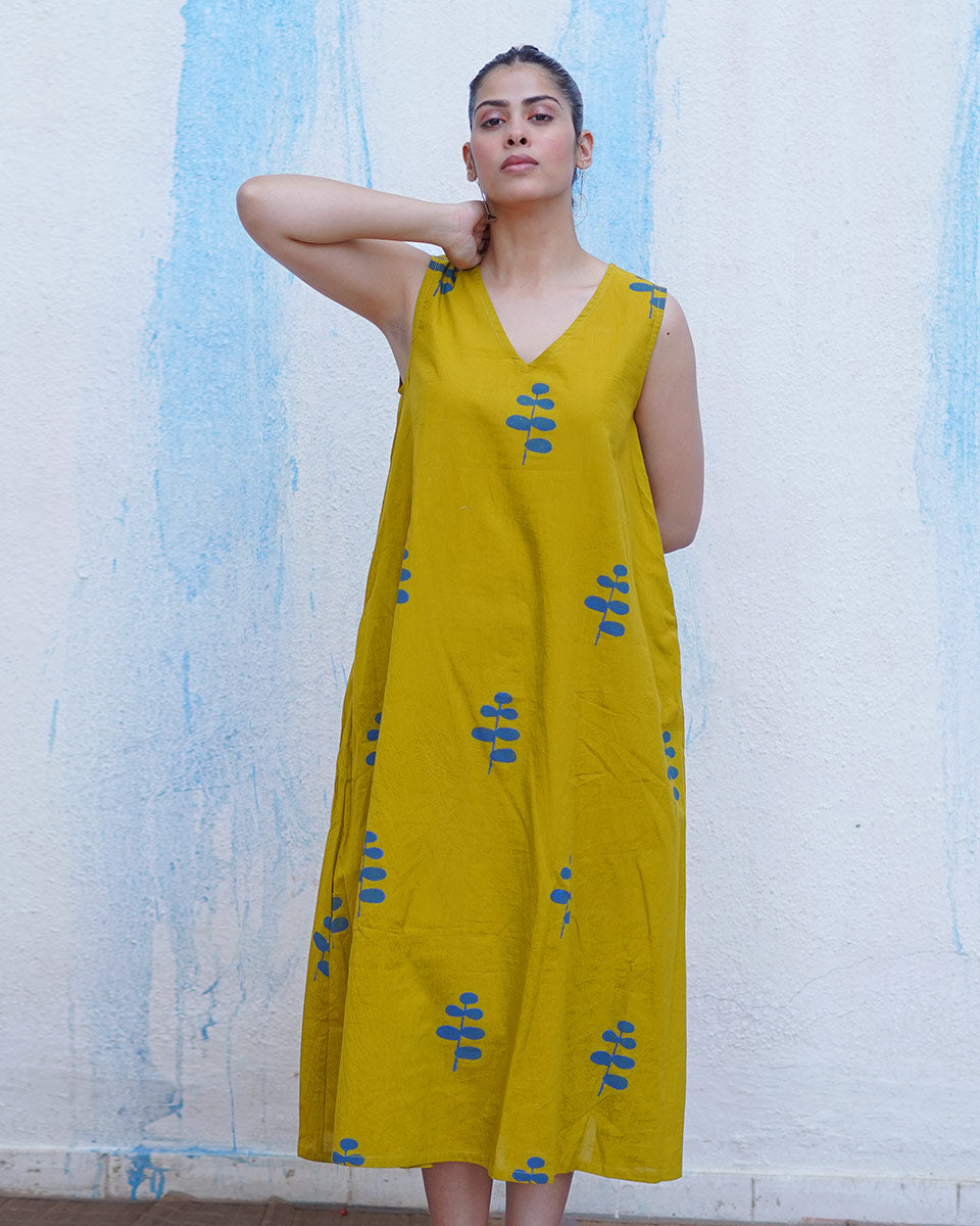 Natkhat Mustard Yellow Handblock Print Cotton Dress - BFG