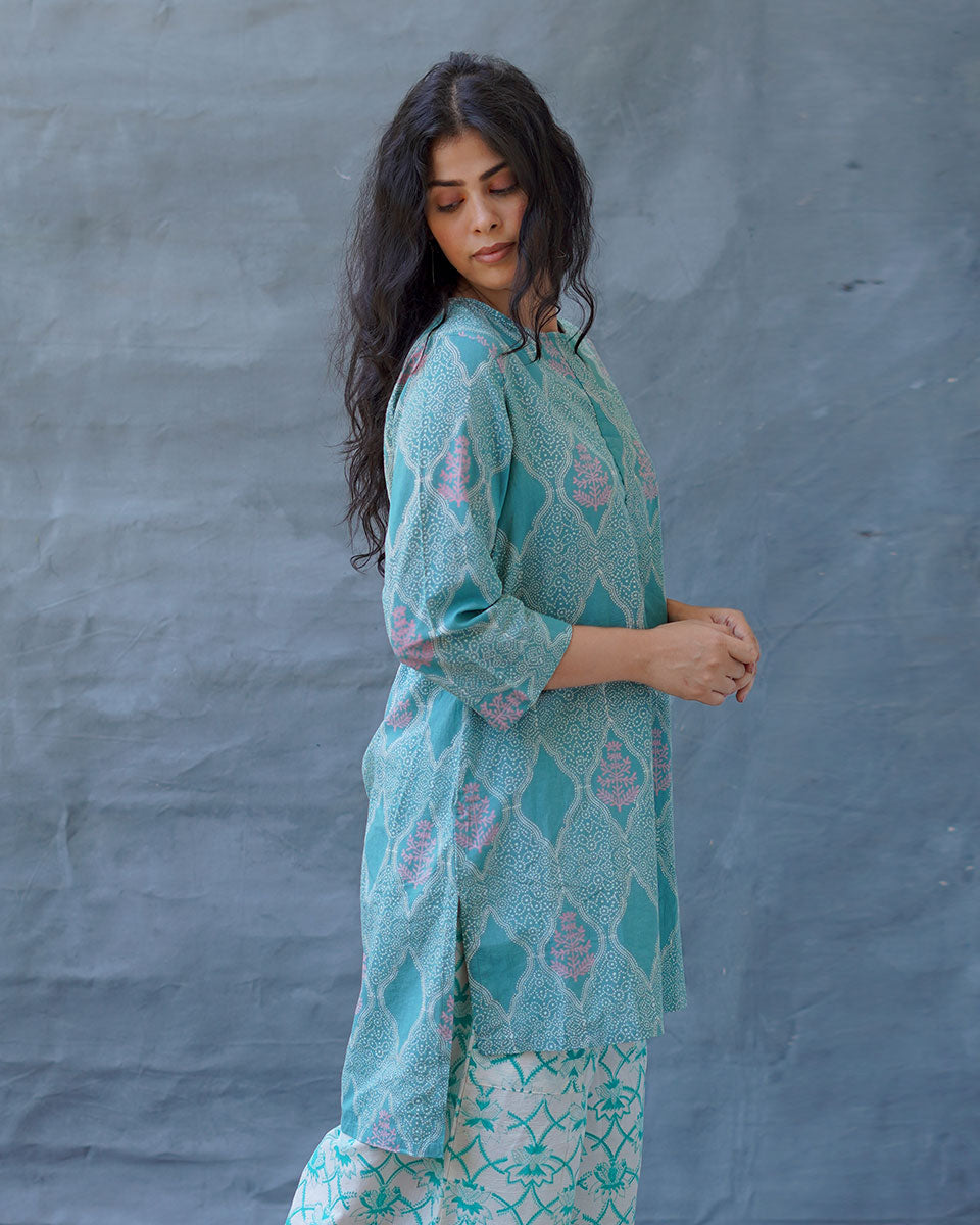 Tenderness of Tulips Teal Green Block Printed Kurti - MMG