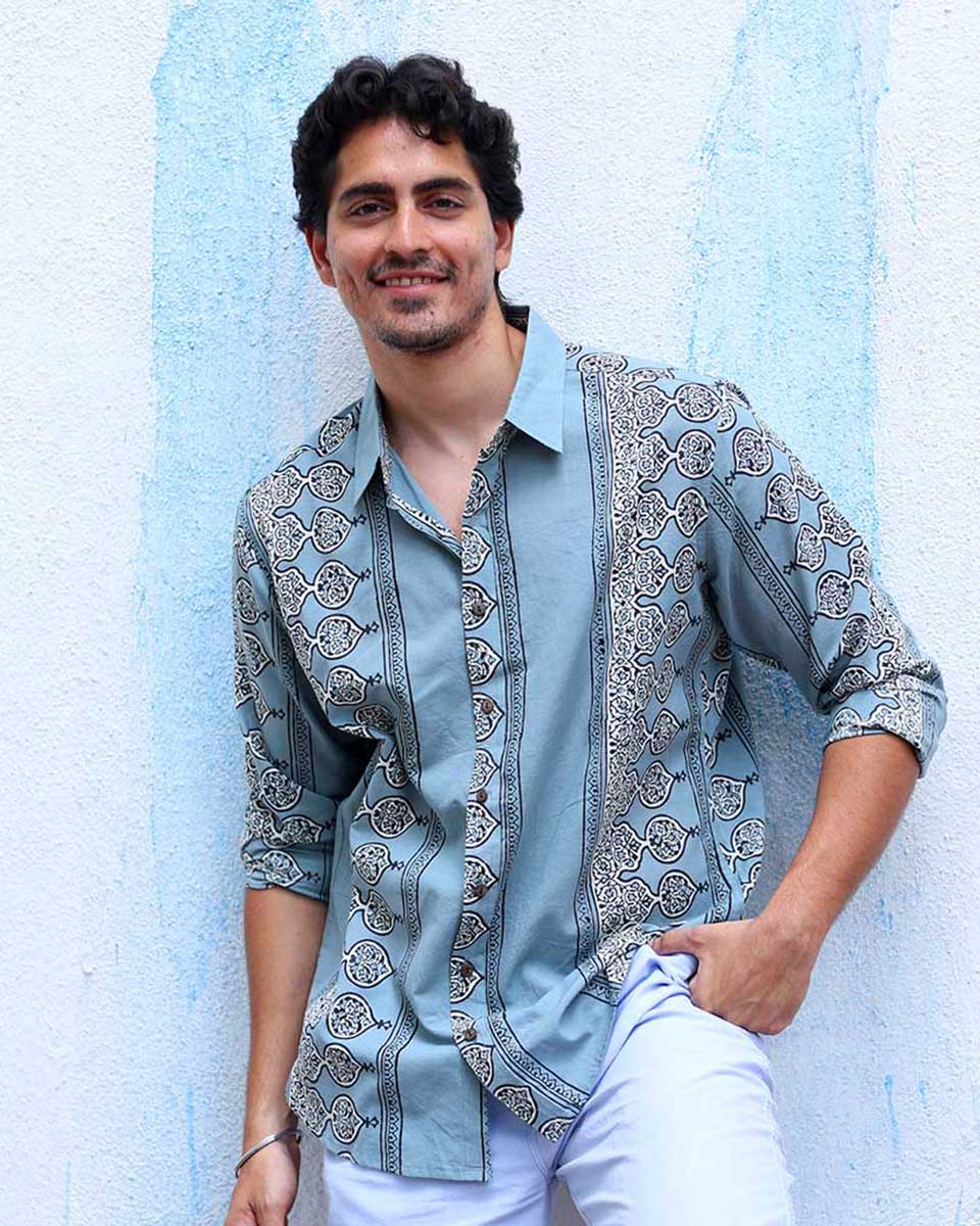 Mehrun Blue With Grey Hand Block Print Cotton Shirt - TOF