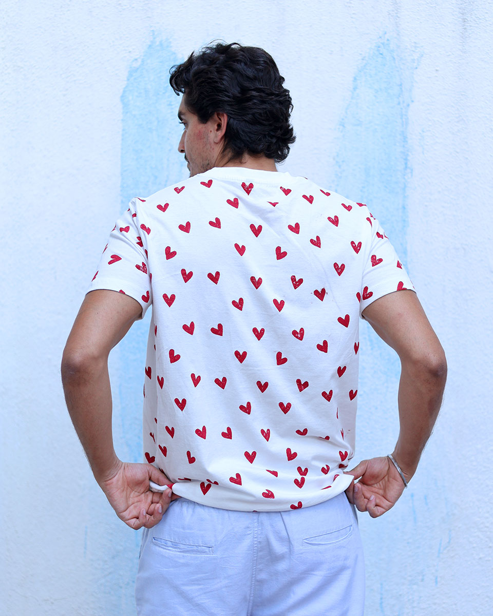 Gustaakh White Hand Block Print Cotton T- Shirt -TOF
