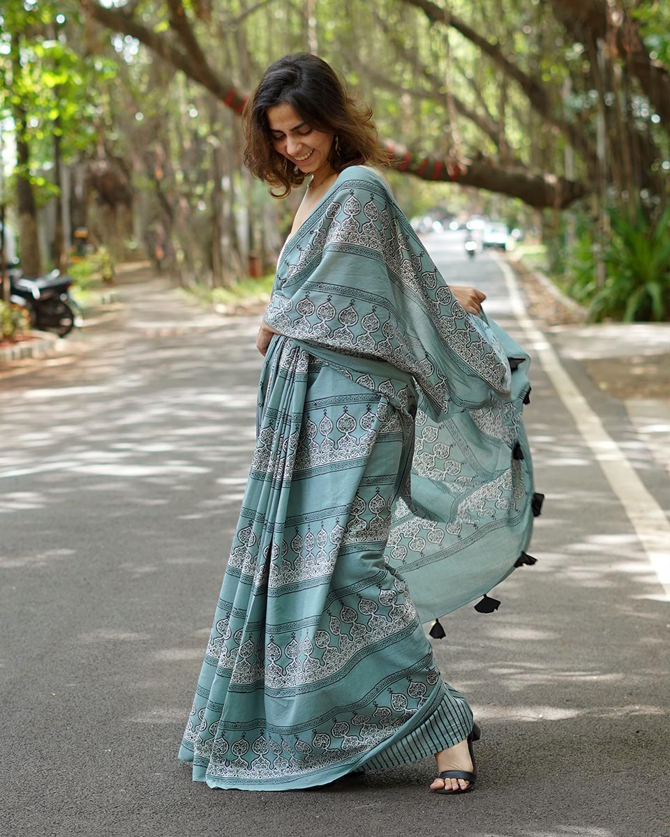 Misri Mist Blue Handblock Print Cotton Saree - PBC