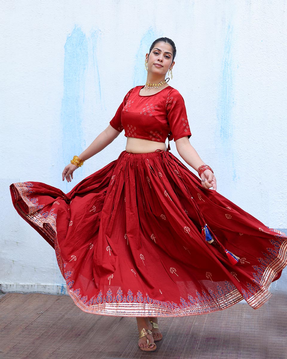 Jyotsna Red Handblock Print Cotton Ghagra - RSH