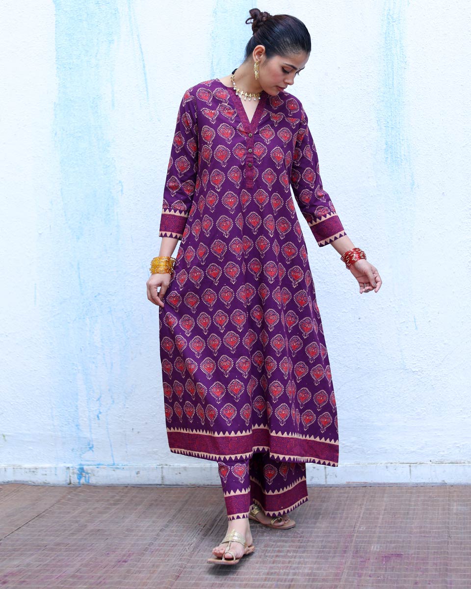 Jugni Purple Handblock Print Cotton Kurta Set - RSH