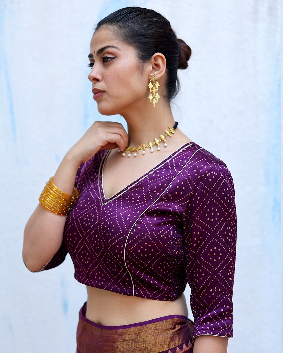 Mahsa Purple Handblock Print Mashru Silk Blouse - RSH