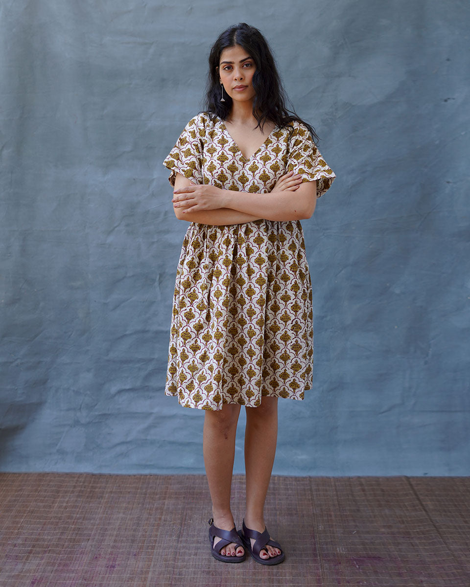 Tu Dilruba Ivory Block Printed Cotton Dress - WW