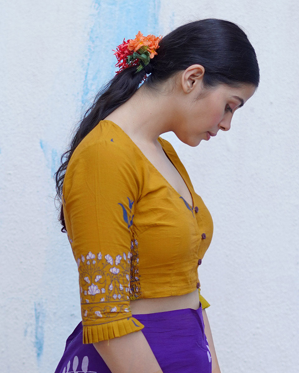 Pankhi Mustard Yellow Handblock Print Cotton Blouse - BFG