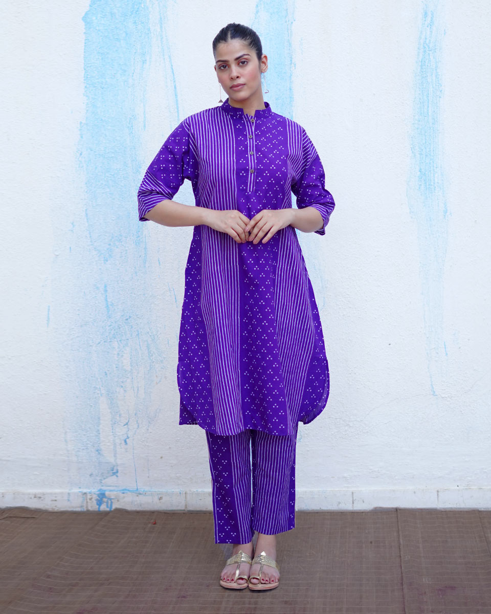 Maina Purple Handblock Print Cotton Kurta Set - BFG