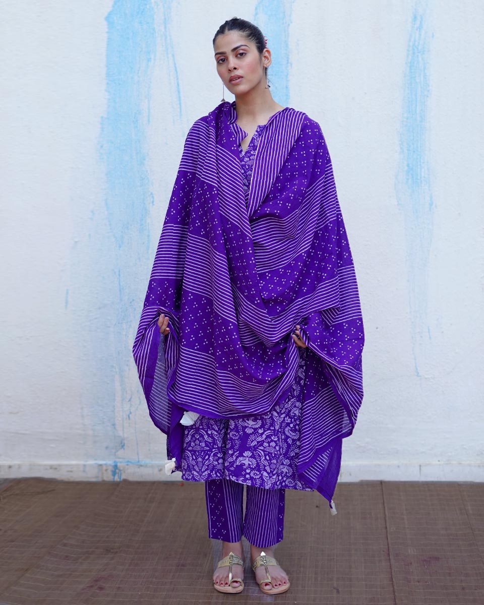 Leher Purple Handblock Print Cotton Dupatta - BFG